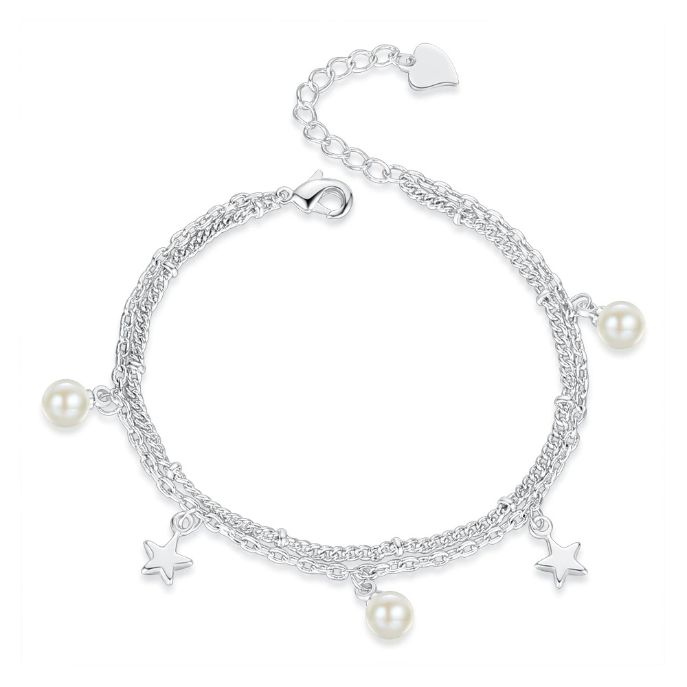 Capture the Essence of Elegance with Our Charming 925 Silver Bracelet Adorned with Dazzling Pearls and Playful Star Charms That Will Add a Touch of Magic to Your Everyday Look